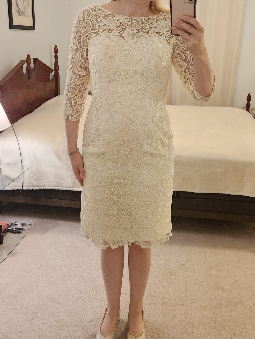 Lace Sheath Dress with Three-Quarter Sleeves - Picture 2 of 3